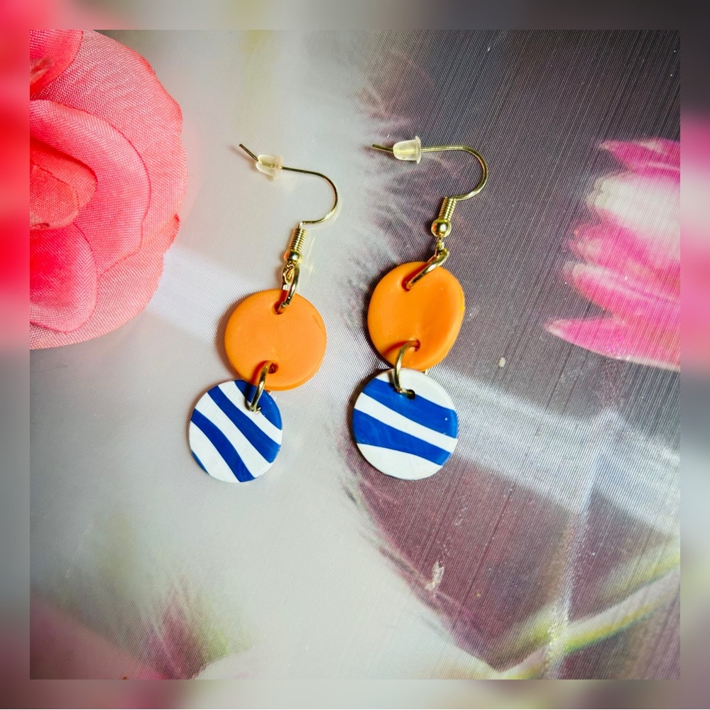 Orange and Blue Striped Earrings - Picture 12 of 16
